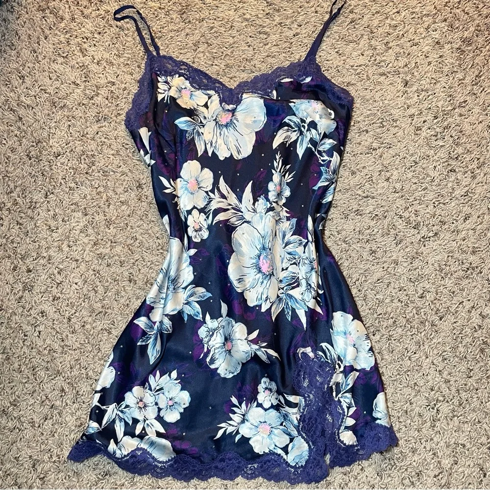 Y2K Victoria Secret Purple Floral Rhinestone Slip‎ Dress Size Medium